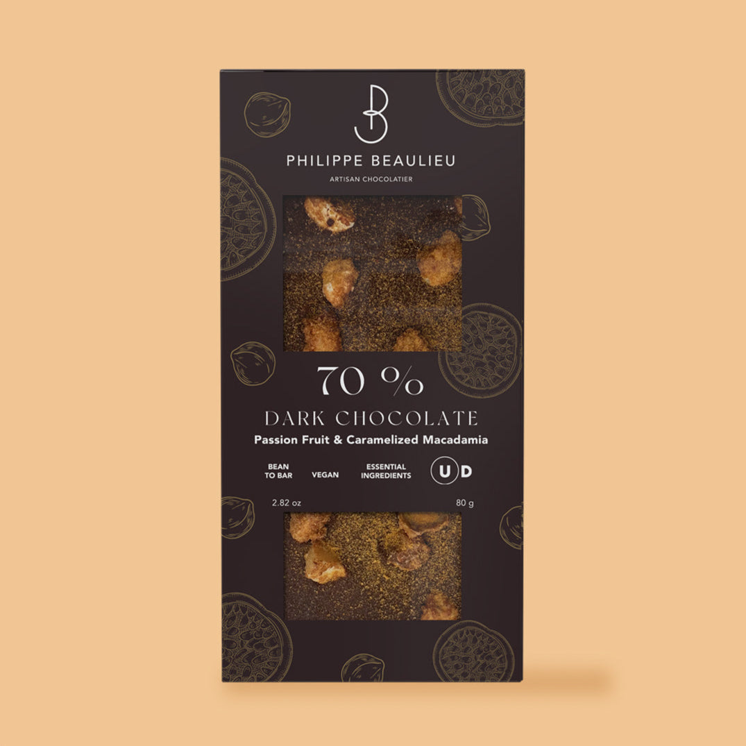 70% Dark Chocolate Passion Fruit & Caramelized Macadamia (10 count)