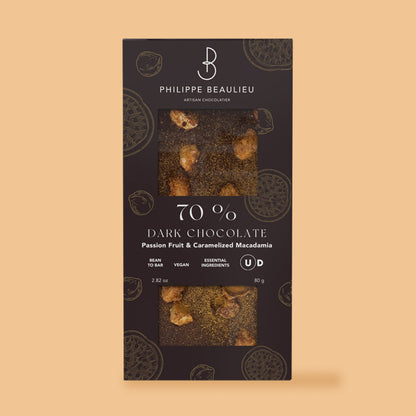 70% Dark Chocolate Passion Fruit & Caramelized Macadamia (10 count)