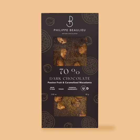 70% Dark Chocolate Passion Fruit & Caramelized Macadamia (10 count)