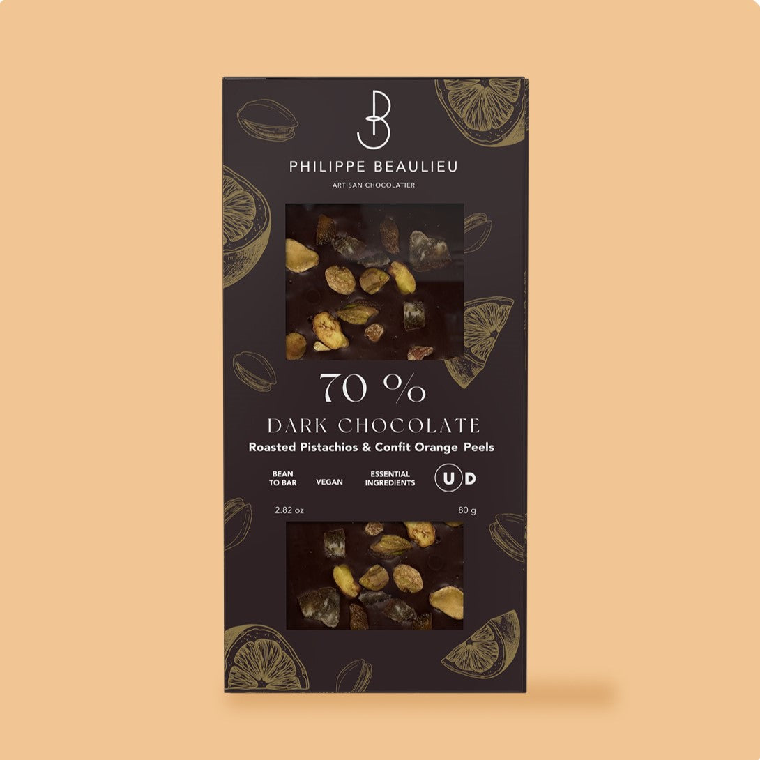 70% Dark Chocolate Roasted Pistachios & Confit Orange Peels (10 count)