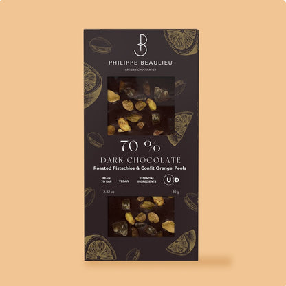70% Dark Chocolate Roasted Pistachios & Confit Orange Peels (10 count)