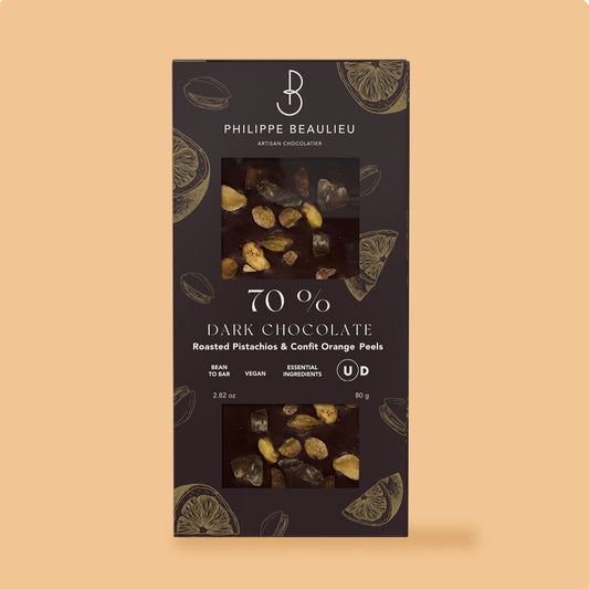 70% Dark Chocolate Roasted Pistachios & Confit Orange Peels (10 count)