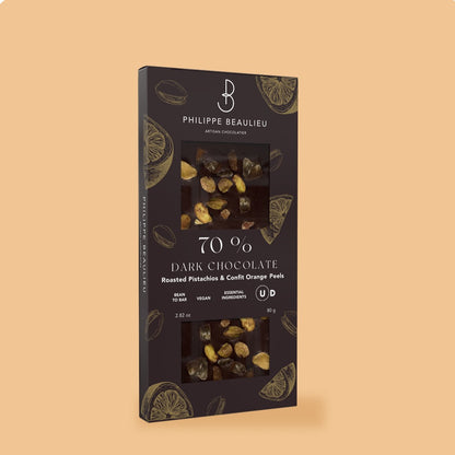 70% Dark Chocolate Roasted Pistachios & Confit Orange Peels (10 count)