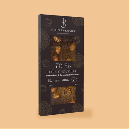70% Dark Chocolate Passion Fruit & Caramelized Macadamia (10 count)