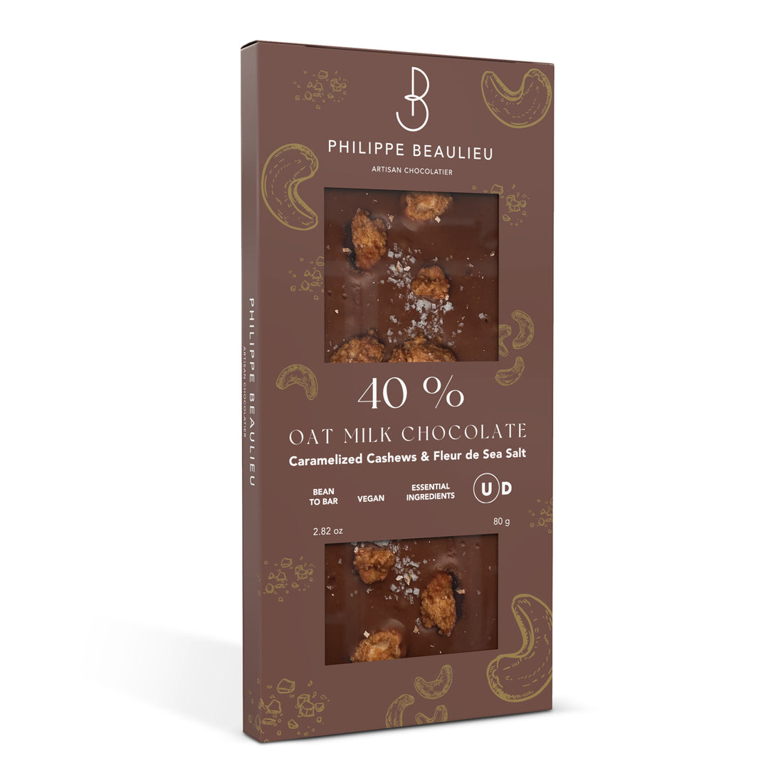 Box of 40% Vegan Oat Milk chocolate Caramelized Cashews, Fleur de sea Salt Bar (10 count)