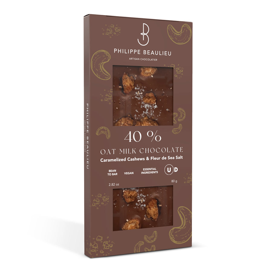 Box of 40% Vegan Oat Milk chocolate Caramelized Cashews, Fleur de sea Salt Bar (10 count)