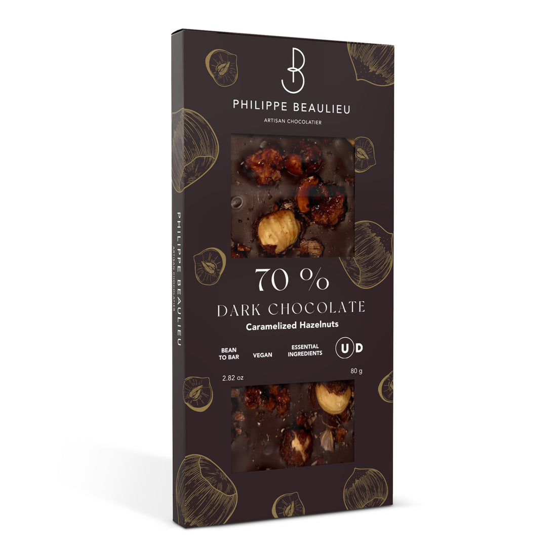 Box of 70% Dark chocolate Praline hazelnuts Bar (10 count)