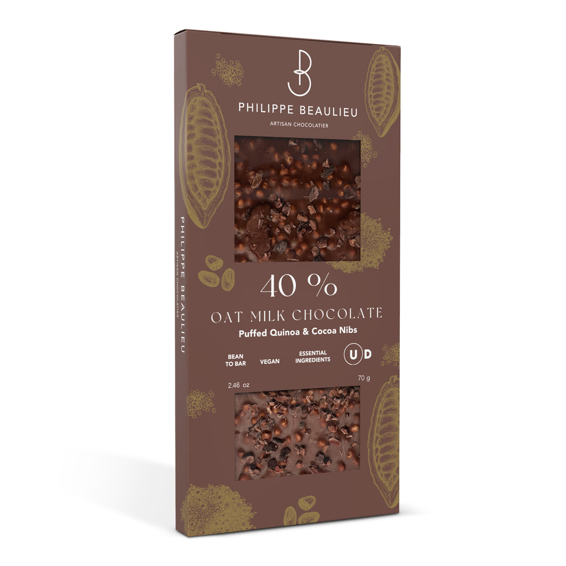 Box of 40% Vegan Oat Milk chocolate Puffed Quinoa, Cocoa Nibs (10 count)