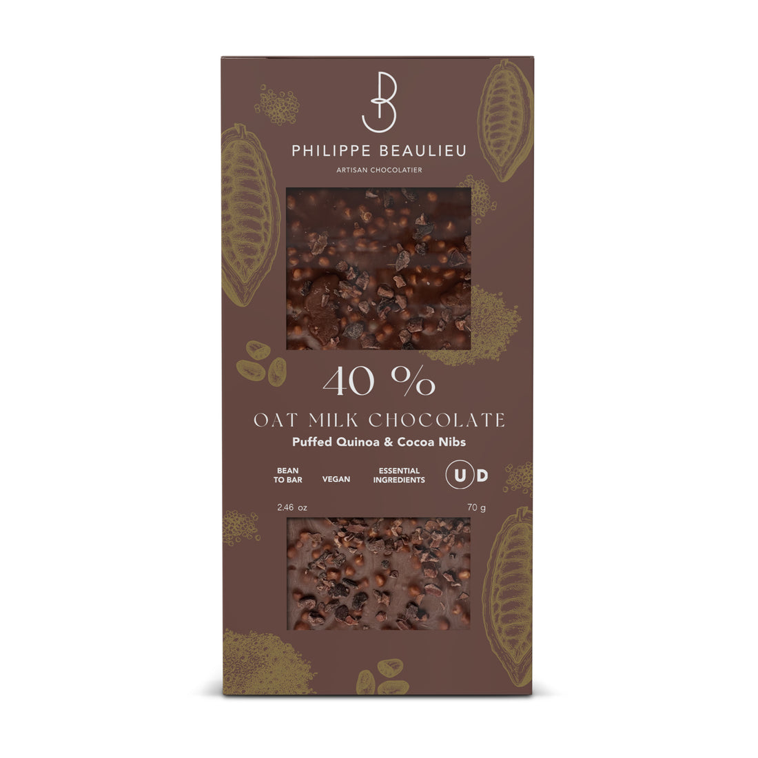 Box of 40% Vegan Oat Milk chocolate Puffed Quinoa, Cocoa Nibs (10 count)