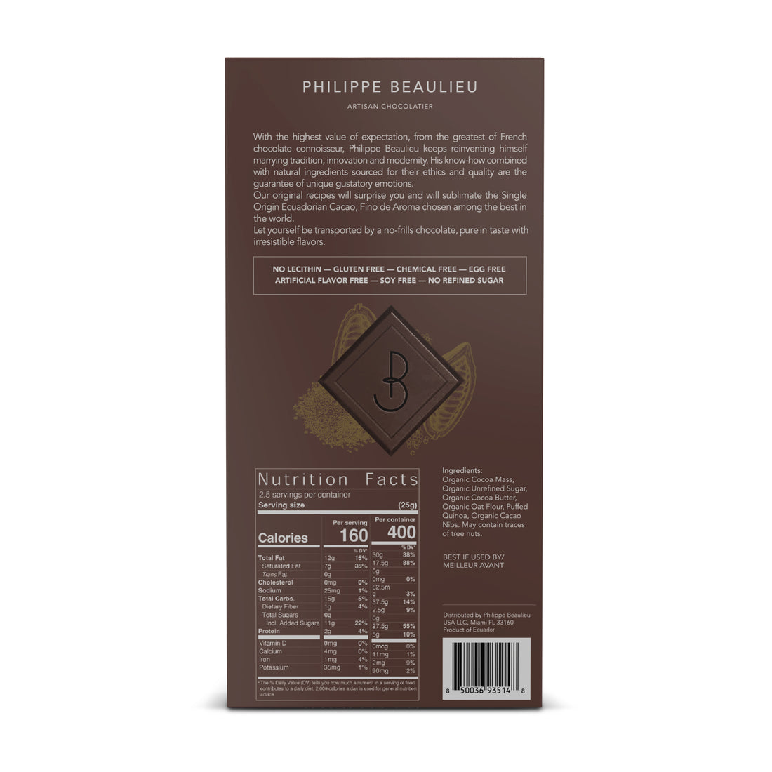 Box of 40% Vegan Oat Milk chocolate Puffed Quinoa, Cocoa Nibs (10 count)