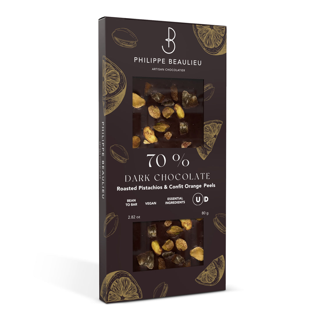 Box of 70% Dark chocolate Orange confit, Roasted Pistachios Bar (10 count)