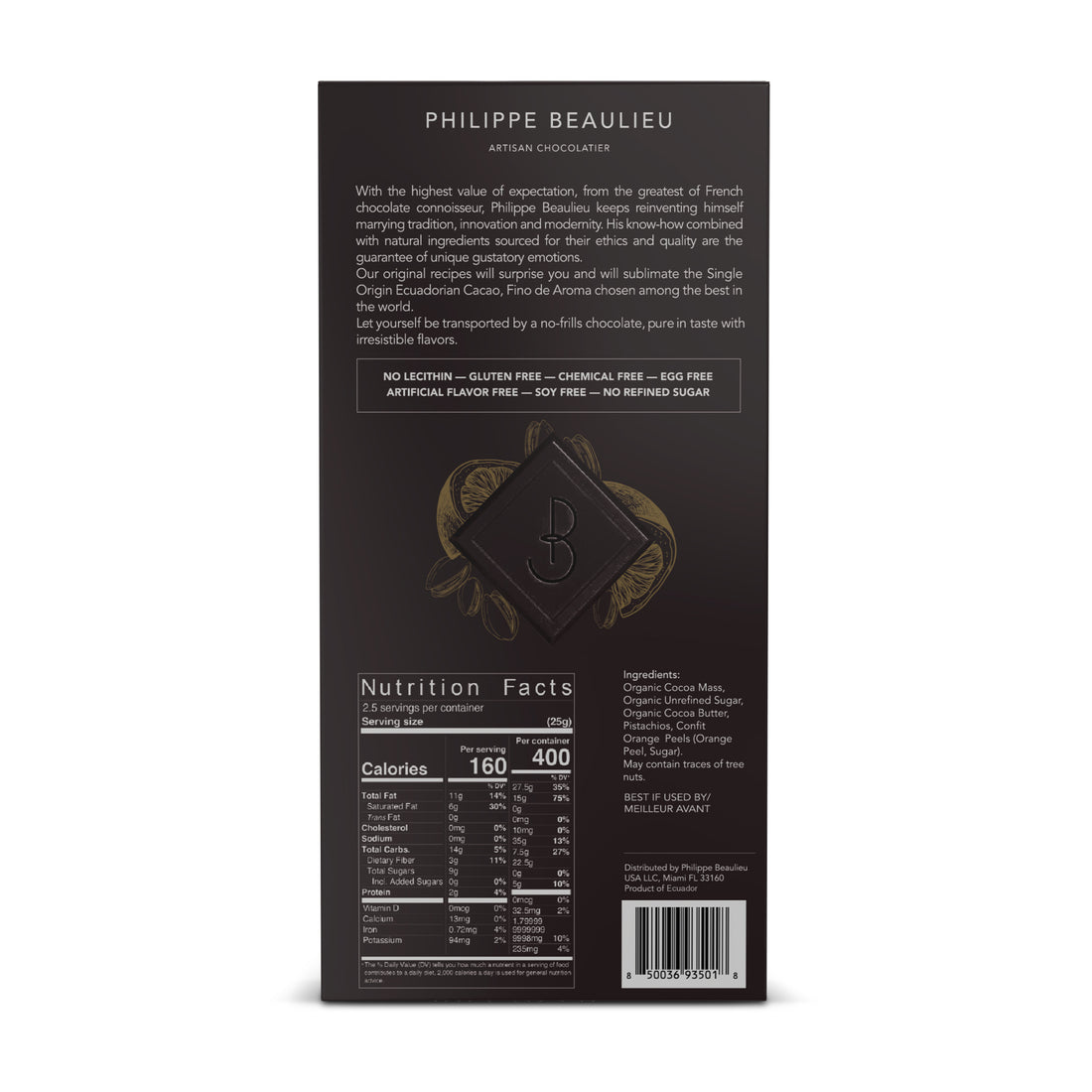 Box of 70% Dark chocolate Orange confit, Roasted Pistachios Bar (10 count)