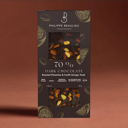 70% Dark Chocolate Roasted Pistachios & Confit Orange Peels
